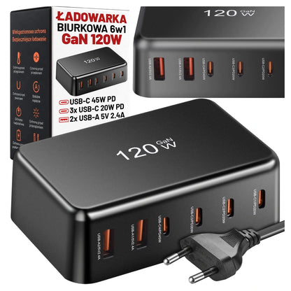 Spartusis tinklo įkroviklis, 6 jungtys, 2x USB, 4x USB-C, 120W PD QC GaN