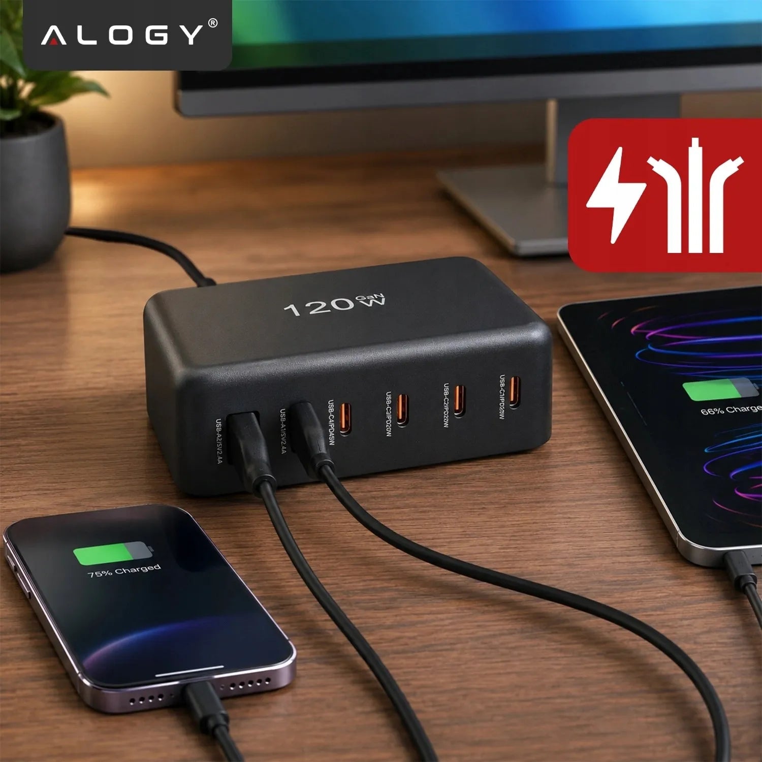 Spartusis tinklo įkroviklis, 6 jungtys, 2x USB, 4x USB-C, 120W PD QC GaN