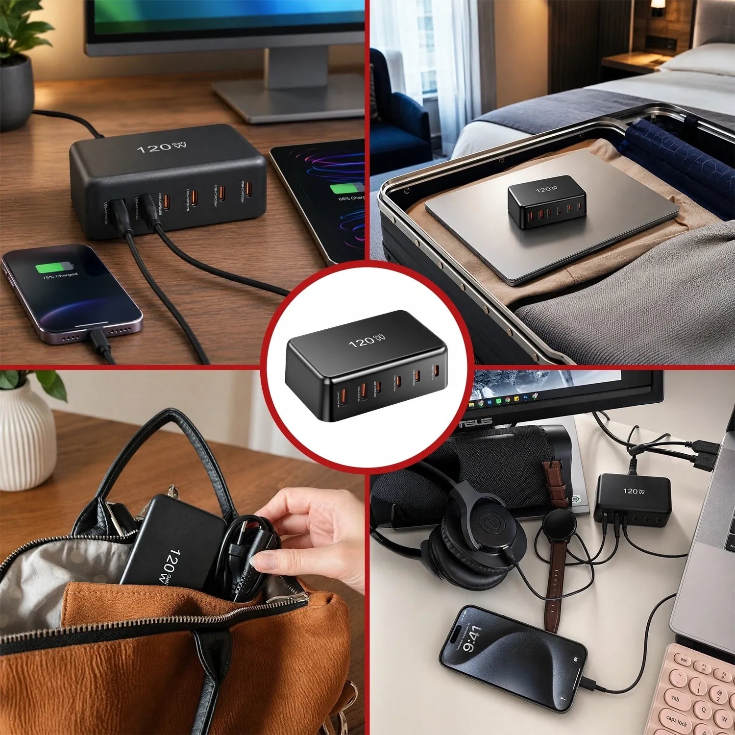 Spartusis tinklo įkroviklis, 6 jungtys, 2x USB, 4x USB-C, 120W PD QC GaN