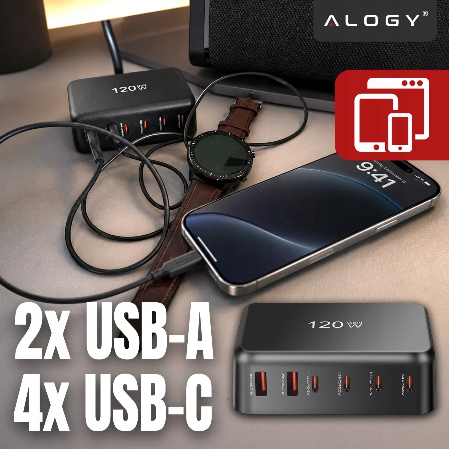 Spartusis tinklo įkroviklis, 6 jungtys, 2x USB, 4x USB-C, 120W PD QC GaN