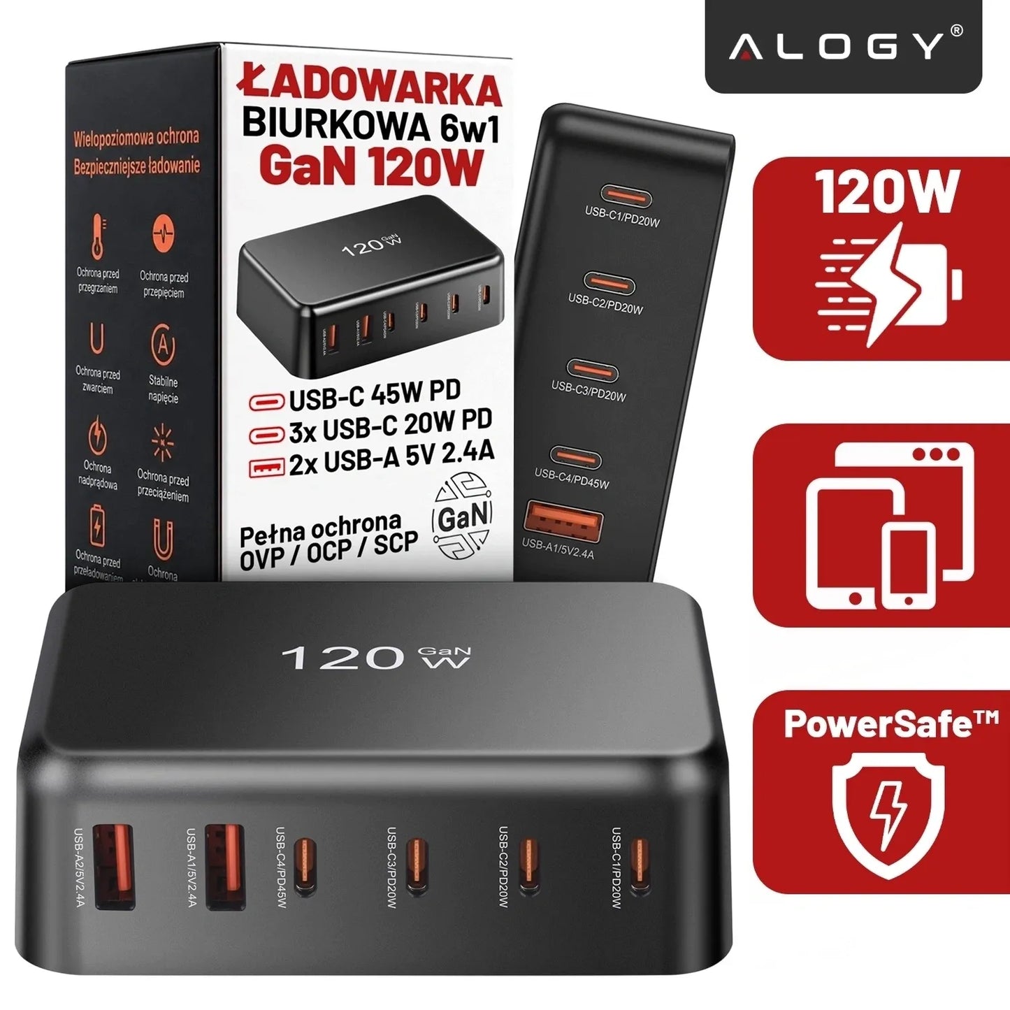 Spartusis tinklo įkroviklis, 6 jungtys, 2x USB, 4x USB-C, 120W PD QC GaN