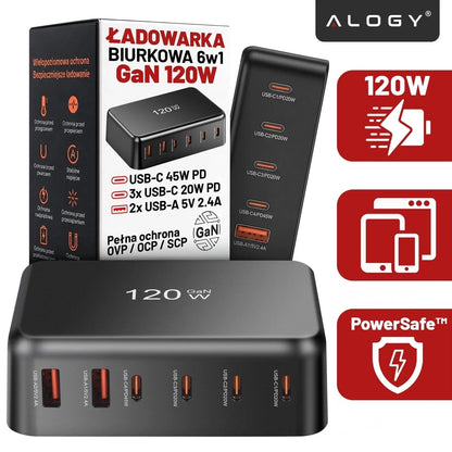 Spartusis tinklo įkroviklis, 6 jungtys, 2x USB, 4x USB-C, 120W PD QC GaN