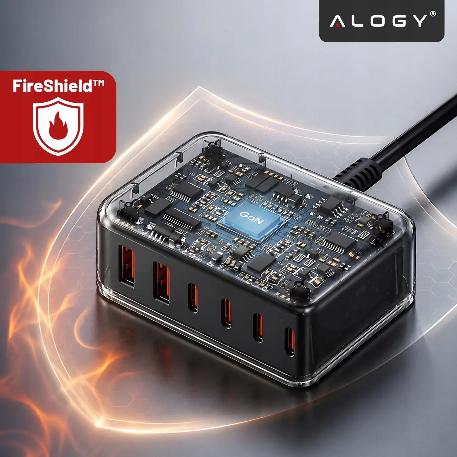 Spartusis tinklo įkroviklis, 6 jungtys, 2x USB, 4x USB-C, 120W PD QC GaN