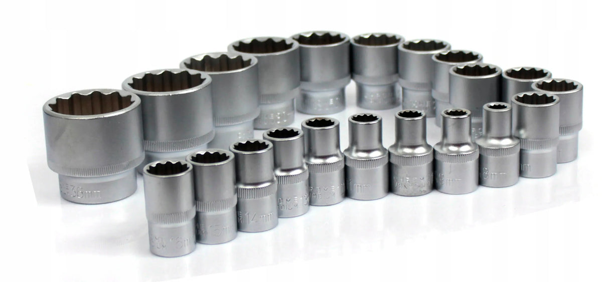 „Spline“ galvučių ir 12-kampių galvučių rinkinys, 8–36 mm, 1/2 col.