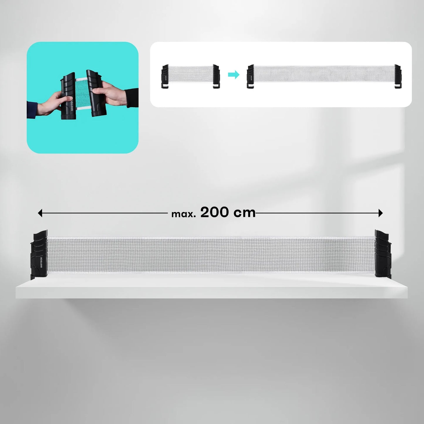 Stalo teniso tinklelis ROLLNET METEOR ABS, PE kompaktiškas susukamas 200 cm