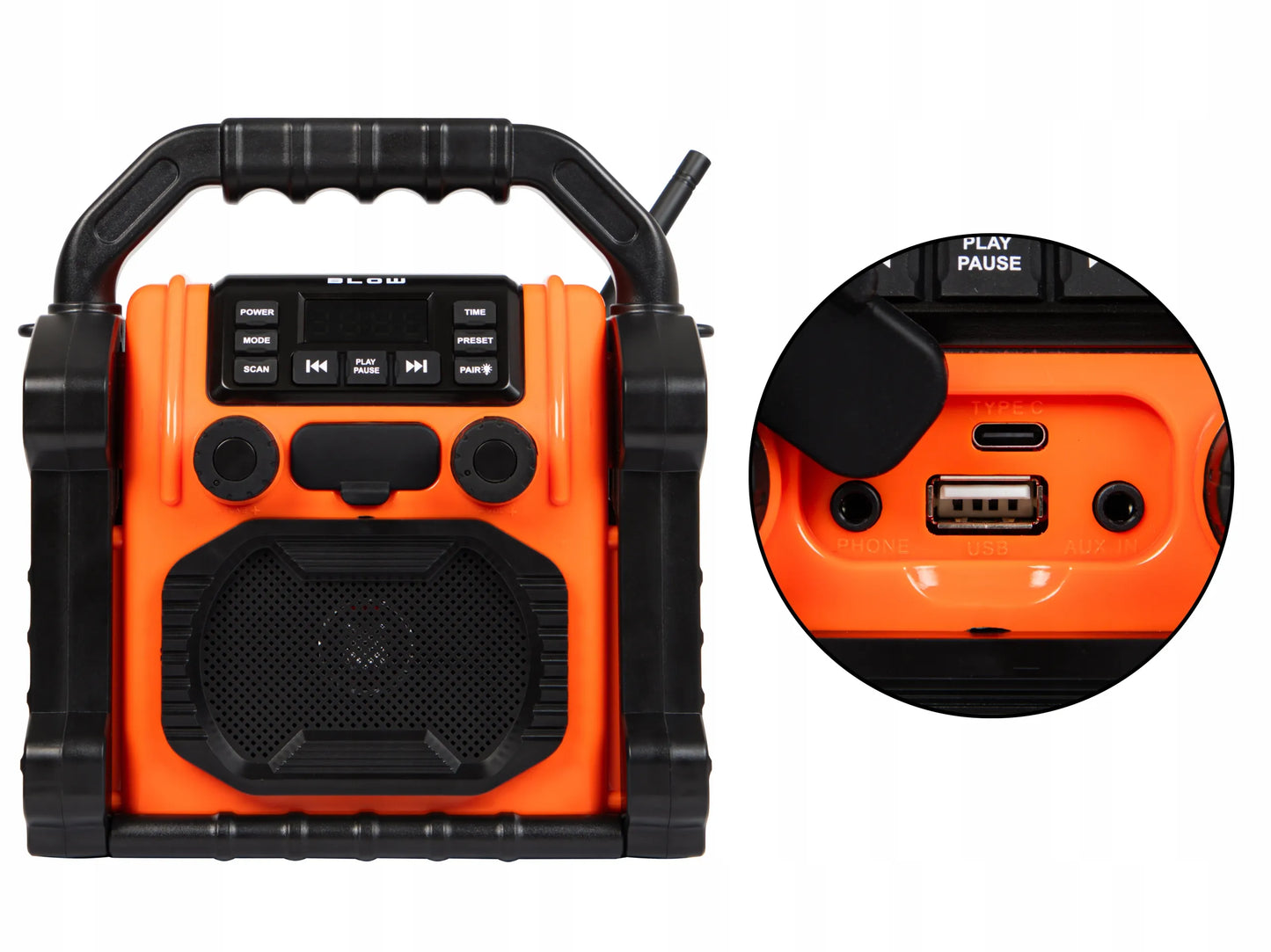 Statybinis radijas FM 20W RMS Bluetooth 5.1 su maitinimo banku USB-C AUX LED IP55