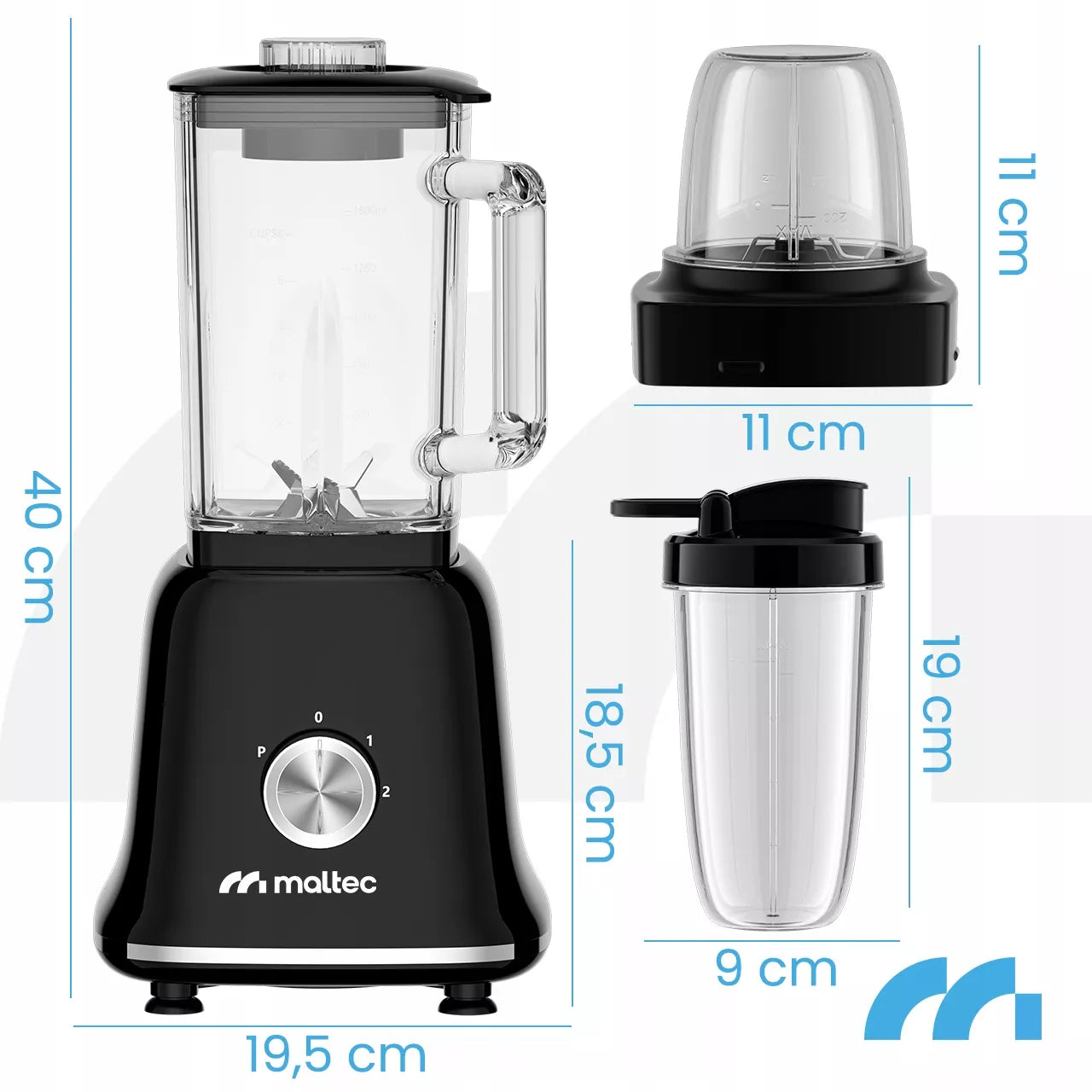 Stiklinis smulkintuvas kokteiliams ir tirštiesiems kokteiliams (smoothie) su malūnėliu ir 2 gertuvėmis, 1600 ml