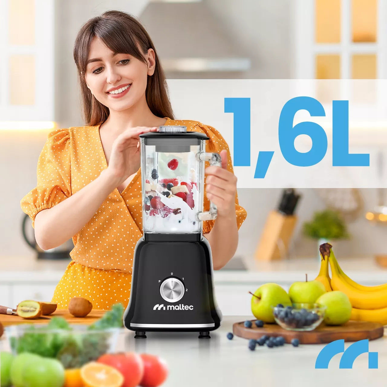 Stiklinis smulkintuvas kokteiliams ir tirštiesiems kokteiliams (smoothie) su malūnėliu ir 2 gertuvėmis, 1600 ml