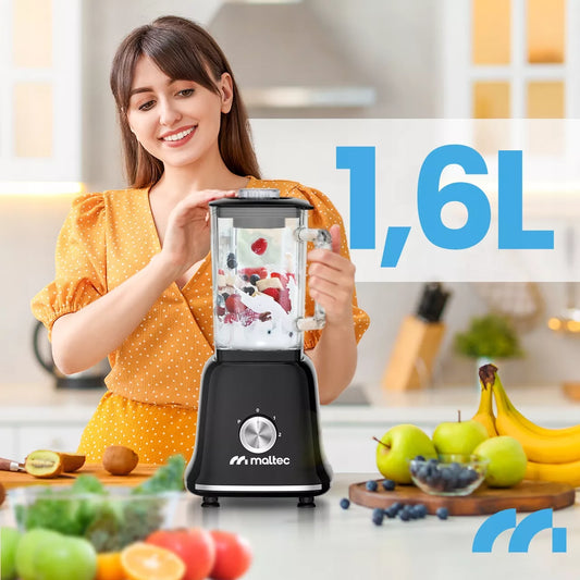 Stiklinis smulkintuvas kokteiliams ir tirštiesiems kokteiliams (smoothie) su malūnėliu ir 2 gertuvėmis, 1600 ml
