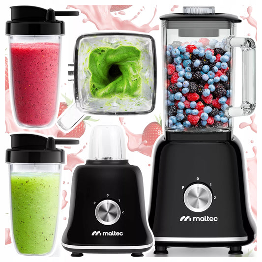 Stiklinis smulkintuvas kokteiliams ir tirštiesiems kokteiliams (smoothie) su malūnėliu ir 2 gertuvėmis, 1600 ml