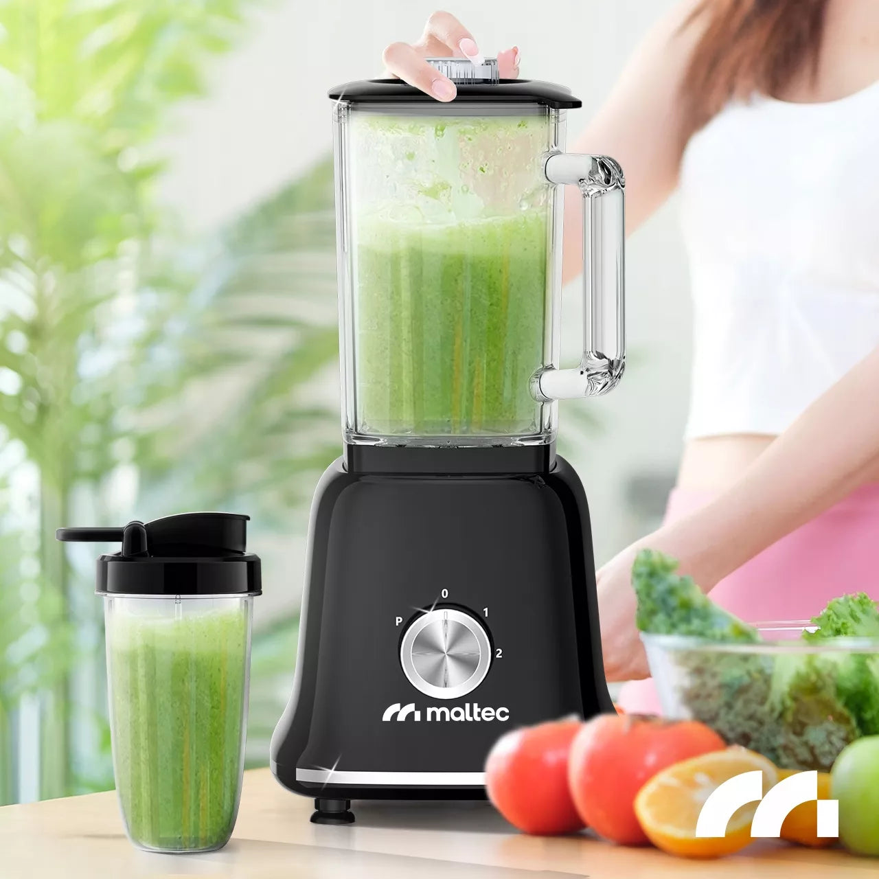 Stiklinis smulkintuvas kokteiliams ir tirštiesiems kokteiliams (smoothie) su malūnėliu ir 2 gertuvėmis, 1600 ml