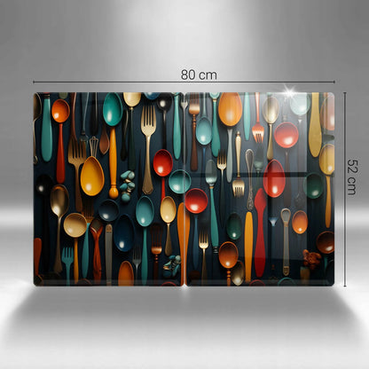 Stiklinių pjaustymo lentelių rinkinys su spauda Spalvoti šaukštai ir šakutės 2 x 40 x 52 cm