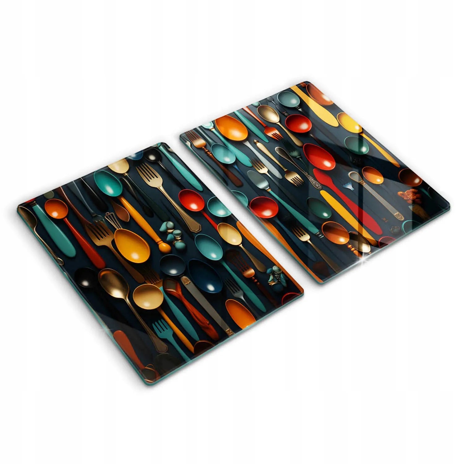 Stiklinių pjaustymo lentelių rinkinys su spauda Spalvoti šaukštai ir šakutės 2 x 40 x 52 cm