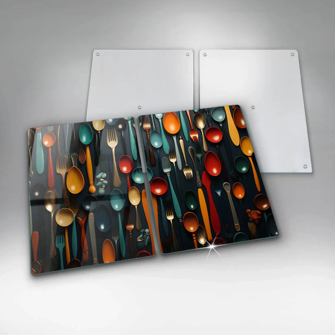 Stiklinių pjaustymo lentelių rinkinys su spauda Spalvoti šaukštai ir šakutės 2 x 40 x 52 cm
