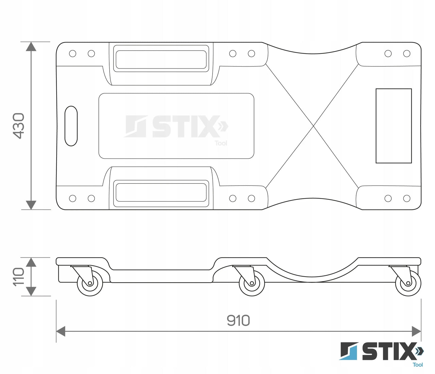 Stix dirbtuvės gultas 150 kg, 6 gumuoti ratukai su guoliais, automobiliams, 910 mm