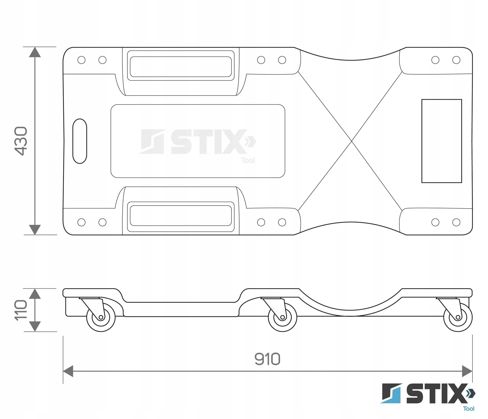 Stix dirbtuvės gultas 150 kg, 6 gumuoti ratukai su guoliais, automobiliams, 910 mm