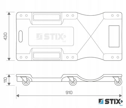 Stix dirbtuvės gultas 150 kg, 6 gumuoti ratukai su guoliais, automobiliams, 910 mm