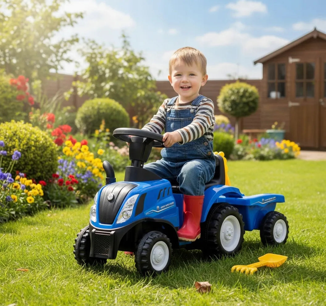 Stumiamas vaikų traktorius New Holland T7 su priekaba, garsais ir šviesomis