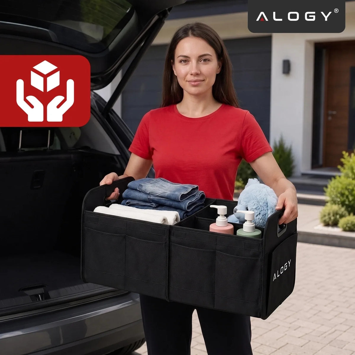 Sulankstomas automobilio bagažinės organizatorius su sustiprintu dugnu