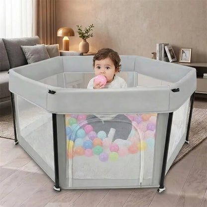 Sulankstomas vaikiškas maniežas K&M, 125 cm, šešiakampis, su užtrauktuku, 6-36 mėn., pilkas
