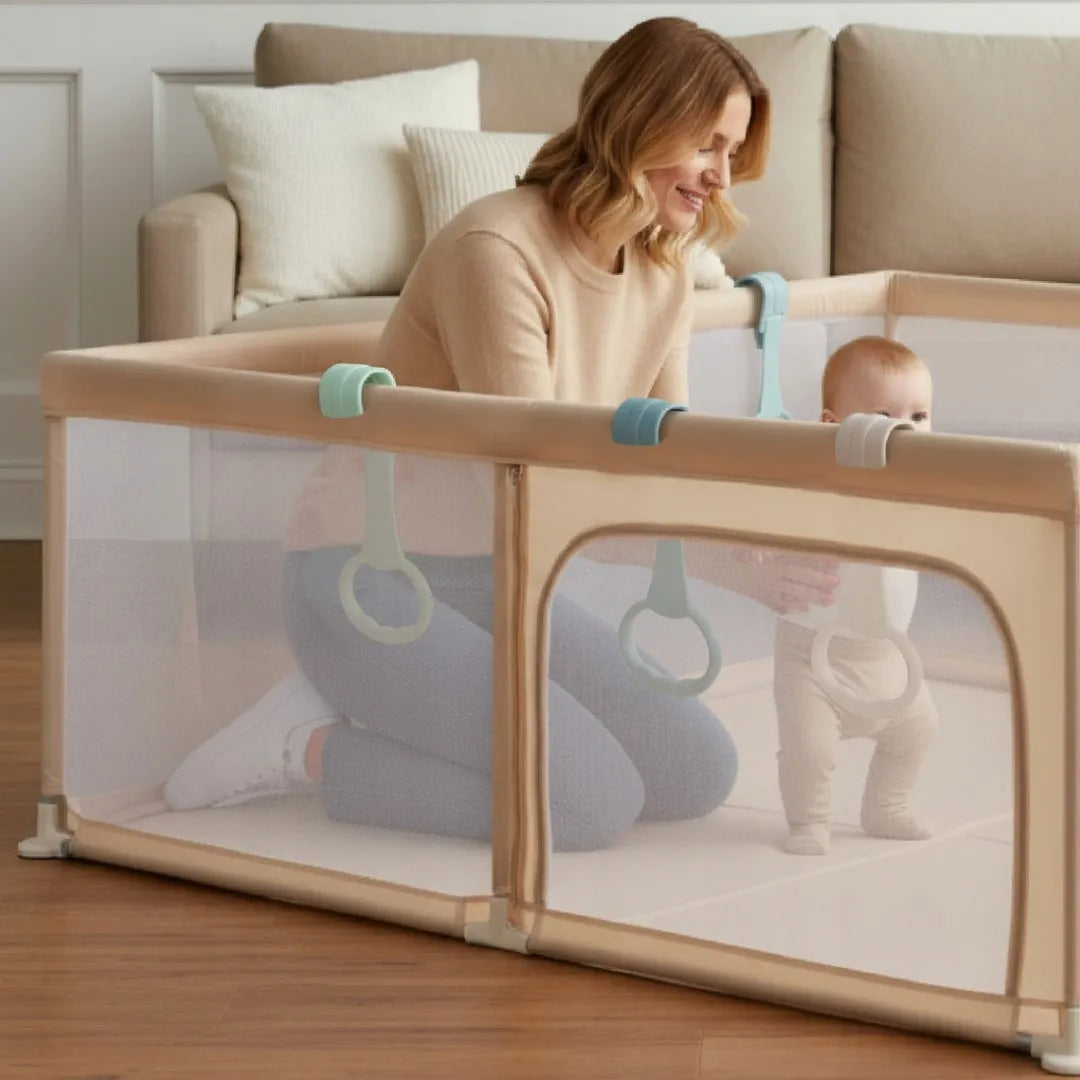SUN BABY Didelis vaikiškas maniežas Žaidimų aikštelė RINKINYS Sausas baseinas 150x200 su rankenėlėmis