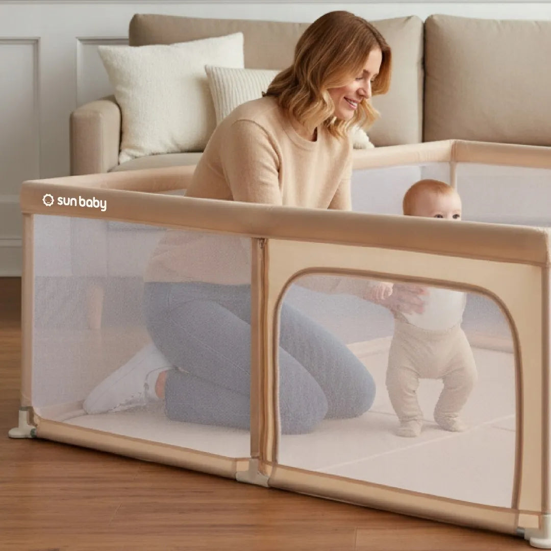SUN BABY didelis vaikiškas maniežas žaidimų aikštelė su grindimis sausas baseinas 150x200 smėlio spalvos