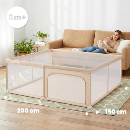 SUN BABY didelis vaikiškas maniežas žaidimų aikštelė su grindimis sausas baseinas 150x200 smėlio spalvos