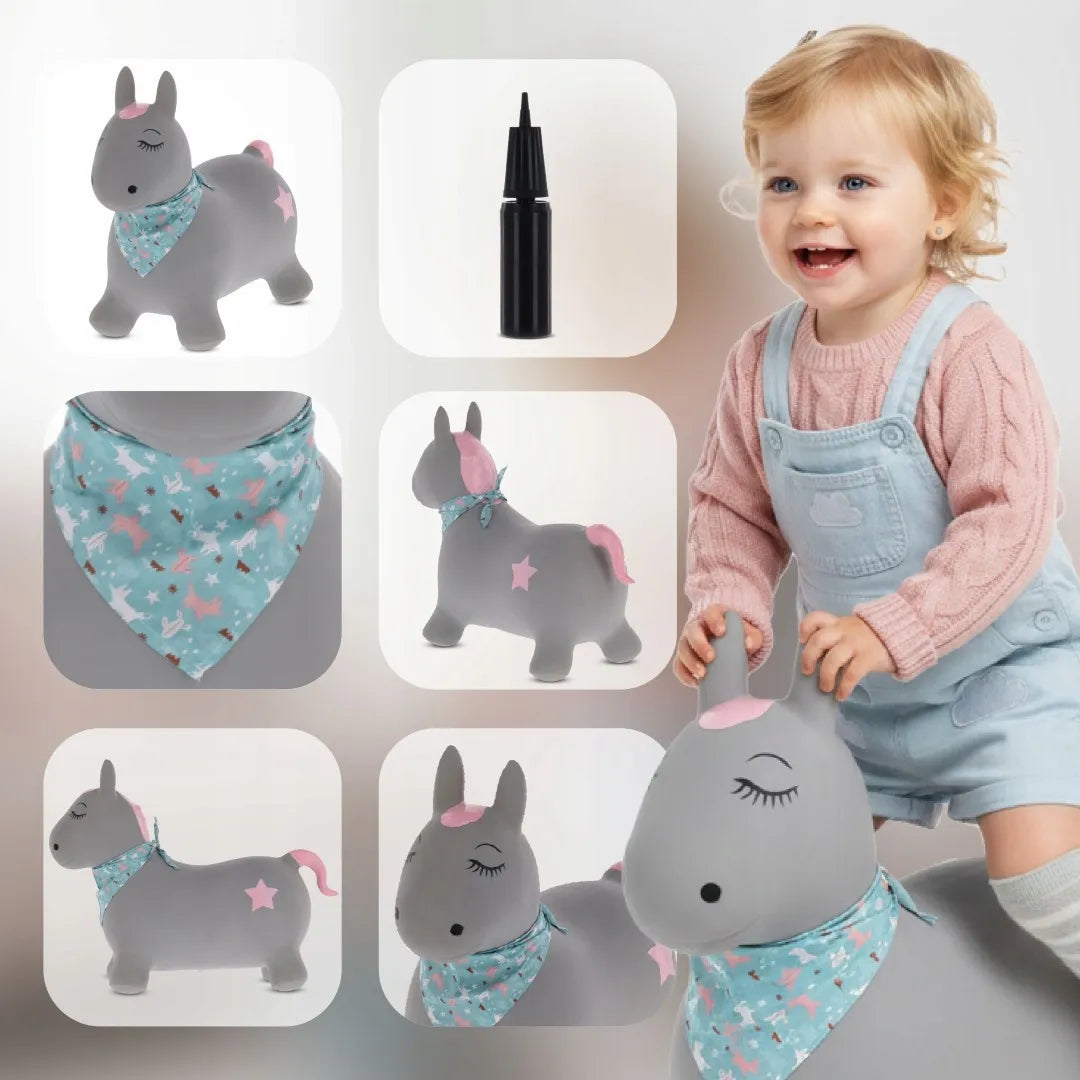 „Sun Baby“ guminis šokinėjantis ponis vaikams su pompa, pilkas, su bandana