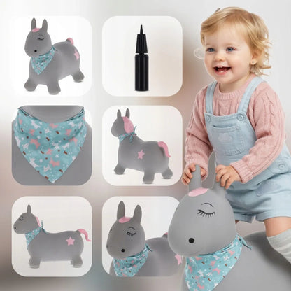 „Sun Baby“ guminis šokinėjantis ponis vaikams su pompa, pilkas, su bandana