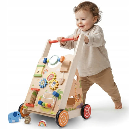 Sun Baby medinė 2-in-1 vaikštynė su manipuliacine lenta ir rūšiuokliu XXL