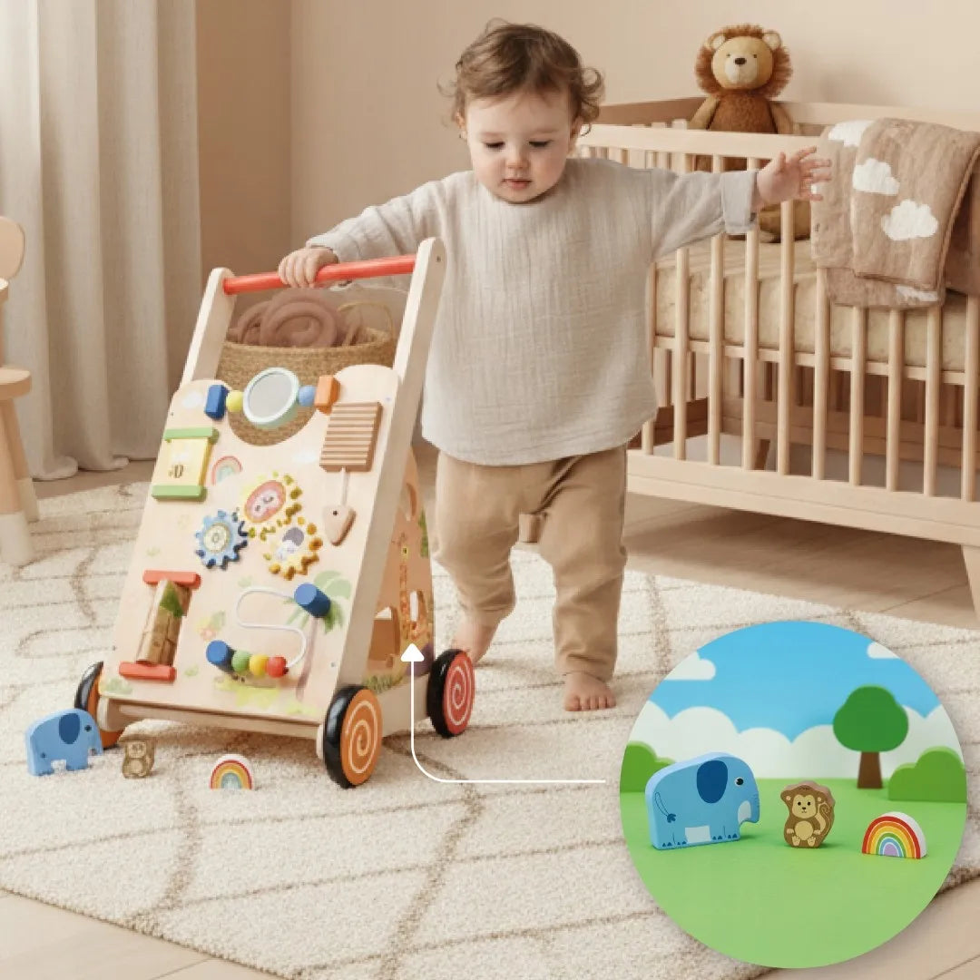 Sun Baby medinė 2-in-1 vaikštynė su manipuliacine lenta ir rūšiuokliu XXL