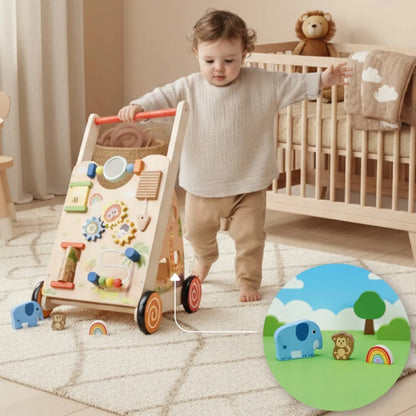 Sun Baby medinė 2-in-1 vaikštynė su manipuliacine lenta ir rūšiuokliu XXL