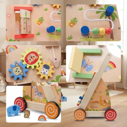 Sun Baby medinė 2-in-1 vaikštynė su manipuliacine lenta ir rūšiuokliu XXL