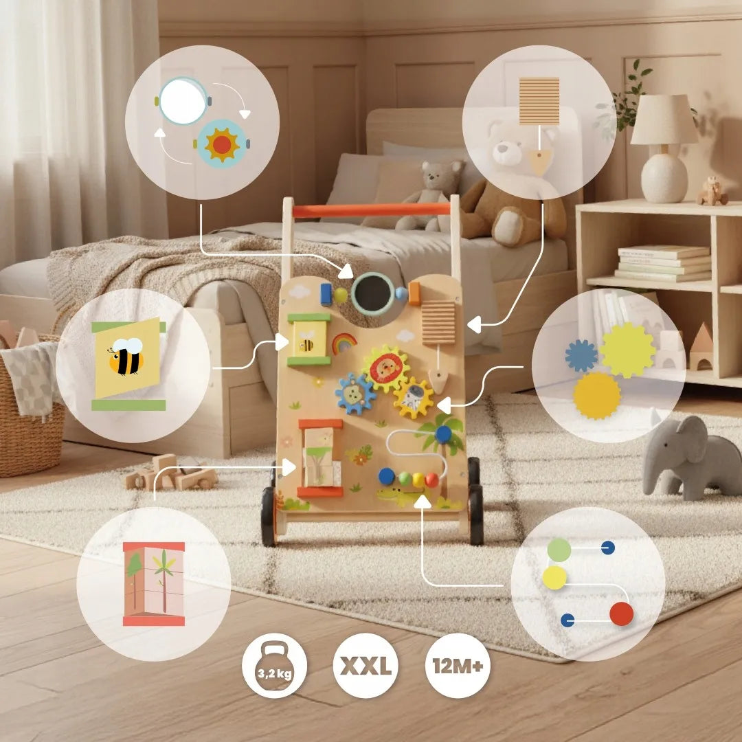 Sun Baby medinė 2-in-1 vaikštynė su manipuliacine lenta ir rūšiuokliu XXL