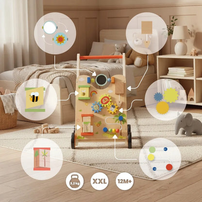 Sun Baby medinė 2-in-1 vaikštynė su manipuliacine lenta ir rūšiuokliu XXL