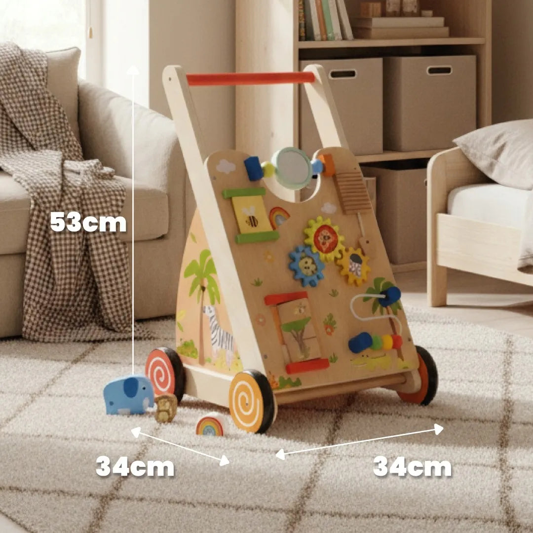 Sun Baby medinė 2-in-1 vaikštynė su manipuliacine lenta ir rūšiuokliu XXL