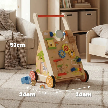 Sun Baby medinė 2-in-1 vaikštynė su manipuliacine lenta ir rūšiuokliu XXL
