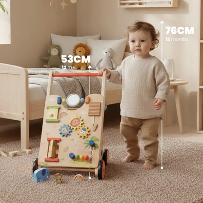 Sun Baby medinė 2-in-1 vaikštynė su manipuliacine lenta ir rūšiuokliu XXL