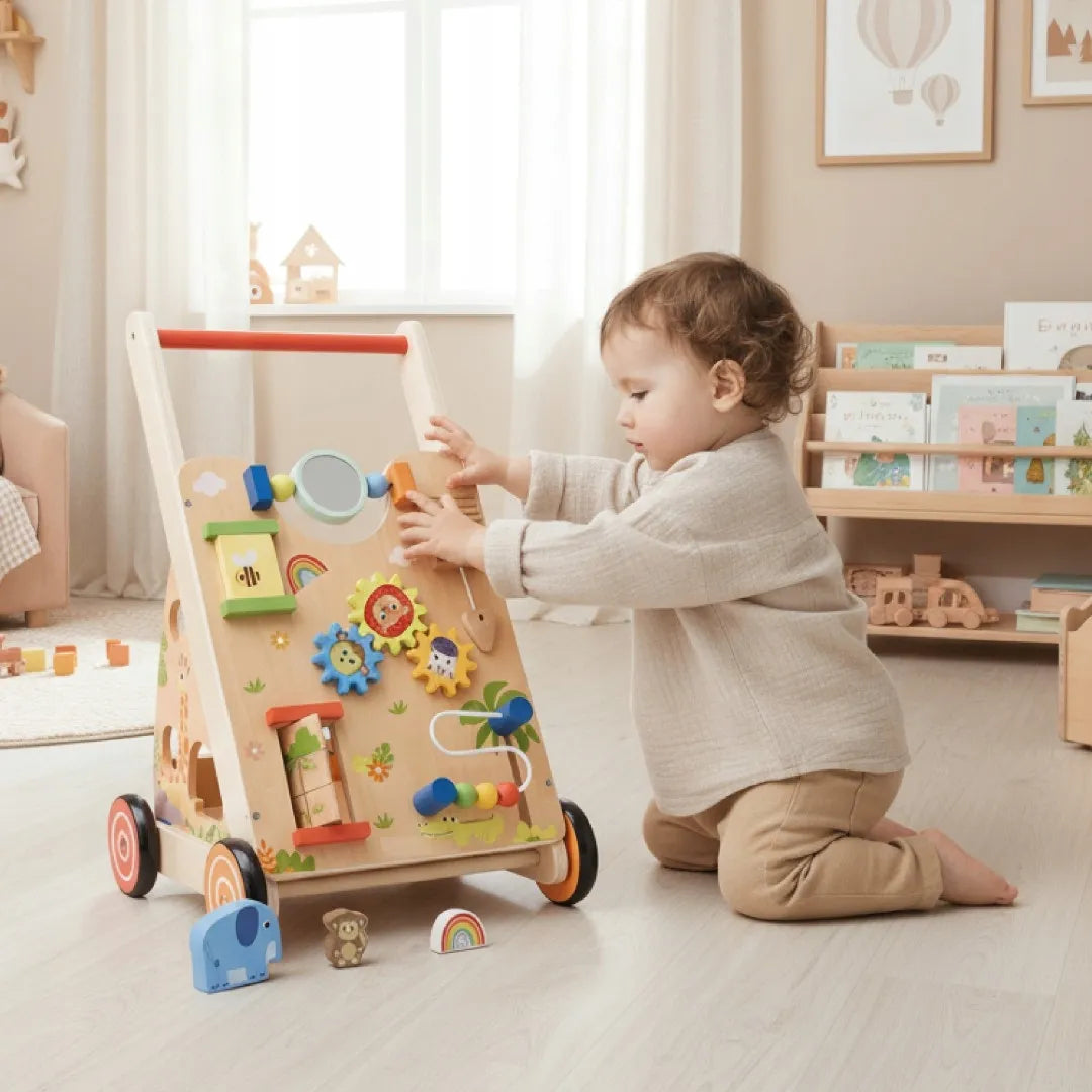 Sun Baby medinė 2-in-1 vaikštynė su manipuliacine lenta ir rūšiuokliu XXL