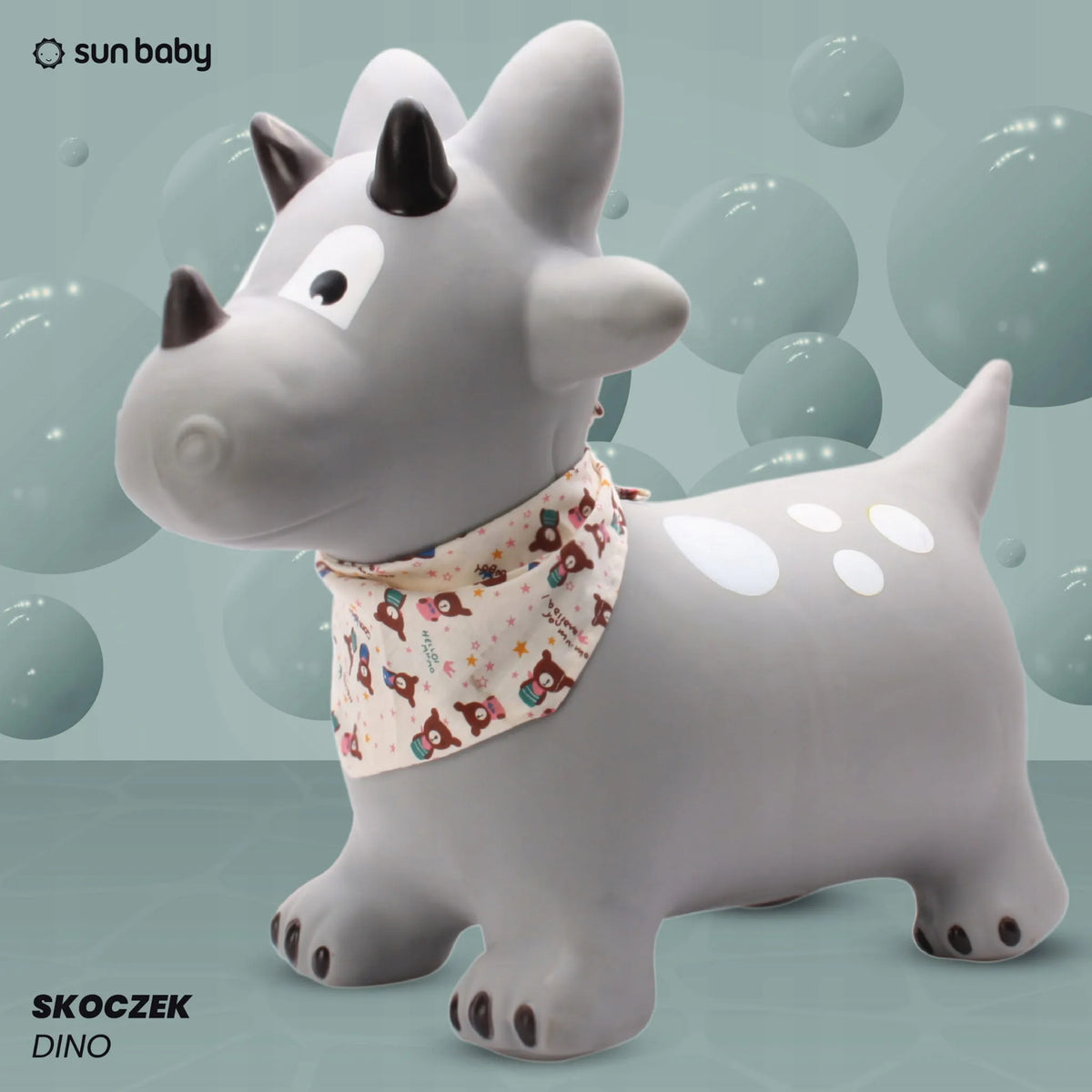 Sun Baby pilkas guminis šokliukas „DINO“ su pompa ir bandana