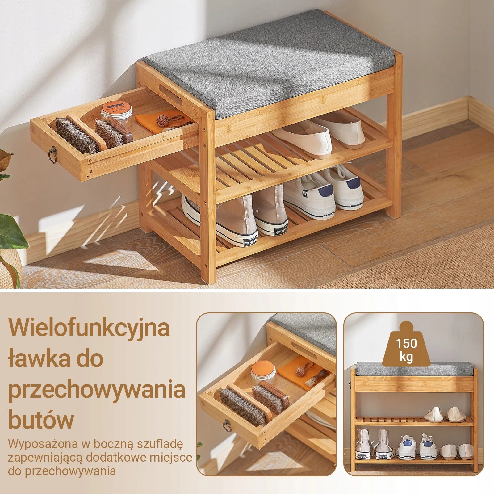 Suoliukas su batų lentynomis ir daiktadėže, 55 cm, SoBuy FSR49-N