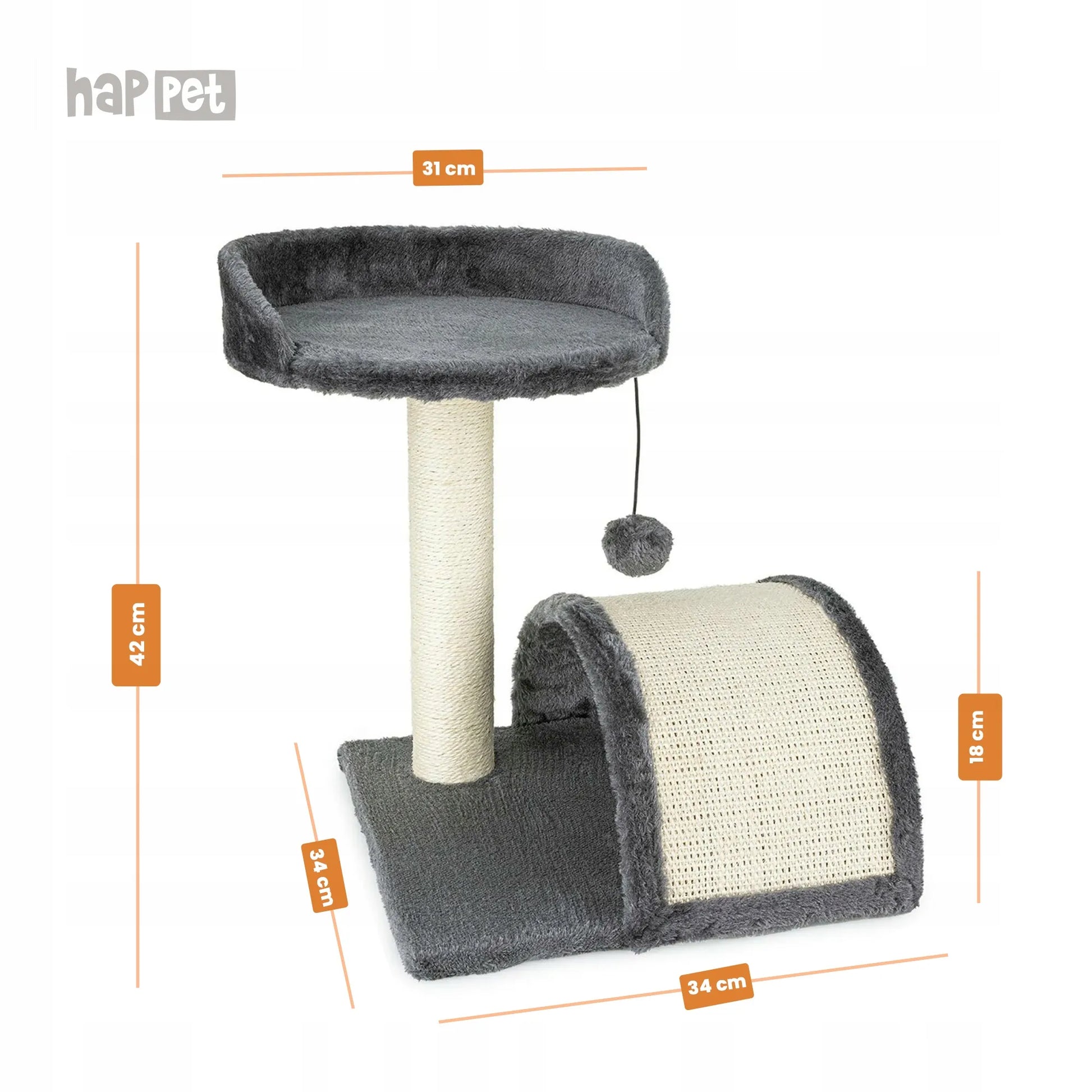 Tamsiai pilka draskyklė katėms Happet 42 cm - gultas 3 lygiai + žaislas ant stulpo