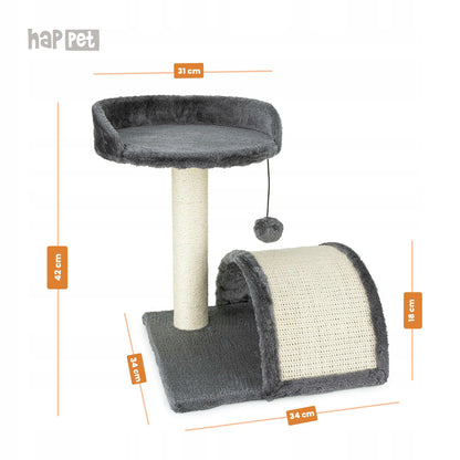 Tamsiai pilka draskyklė katėms Happet 42 cm - gultas 3 lygiai + žaislas ant stulpo