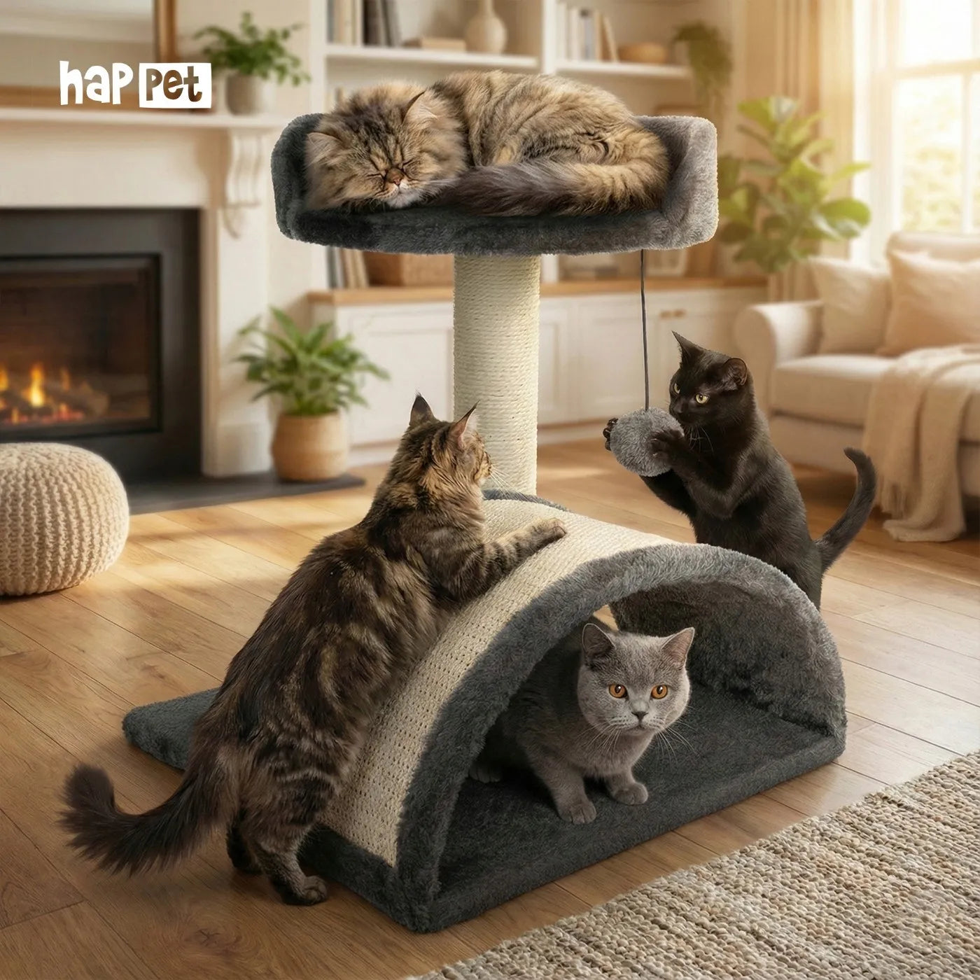 Tamsiai pilka draskyklė katėms Happet 42 cm - gultas 3 lygiai + žaislas ant stulpo