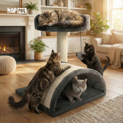 Tamsiai pilka draskyklė katėms Happet 42 cm - gultas 3 lygiai + žaislas ant stulpo