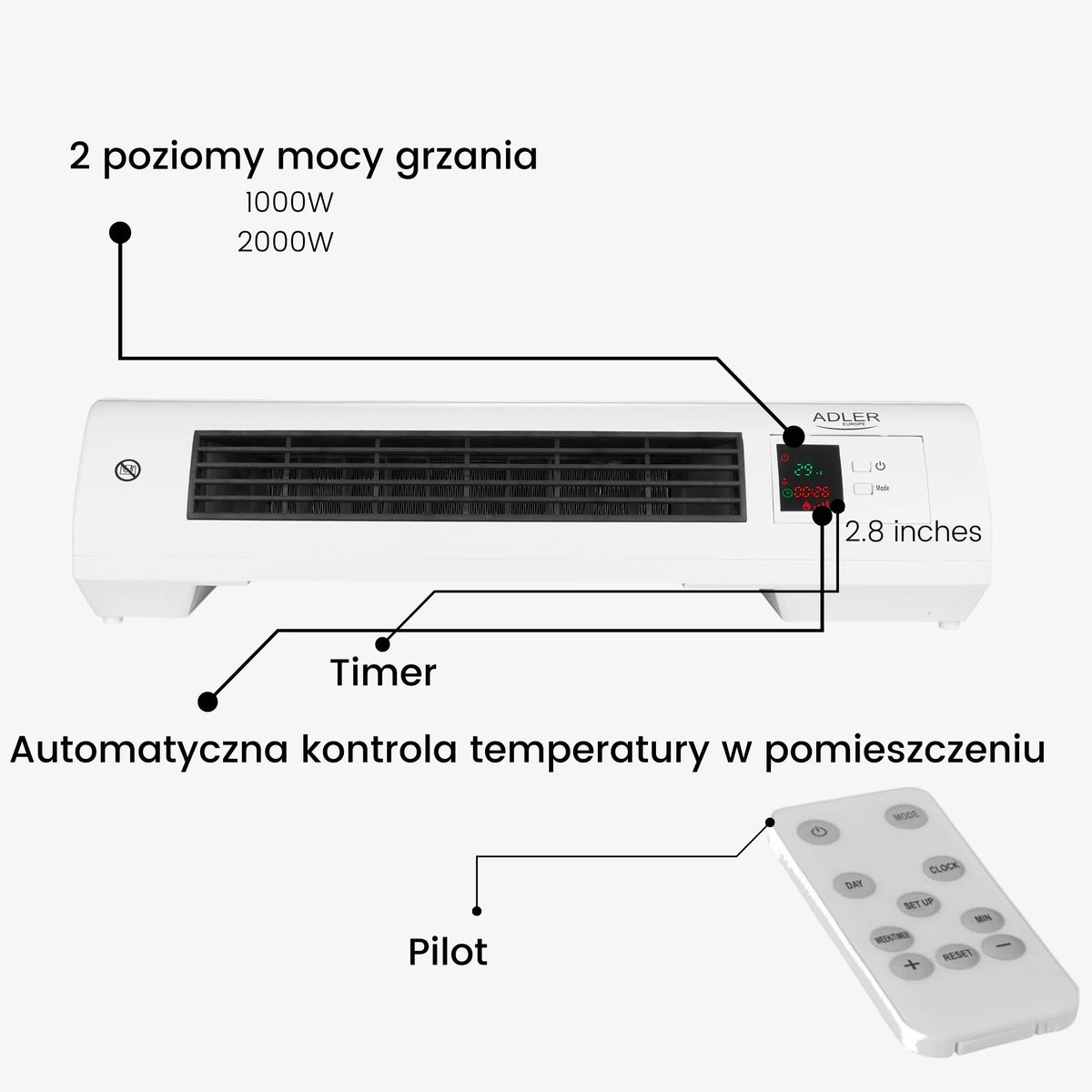 Termoventiliatorius KURTYNA 2200 W su pulteliu, laikmačiu ir atviro lango aptikimu