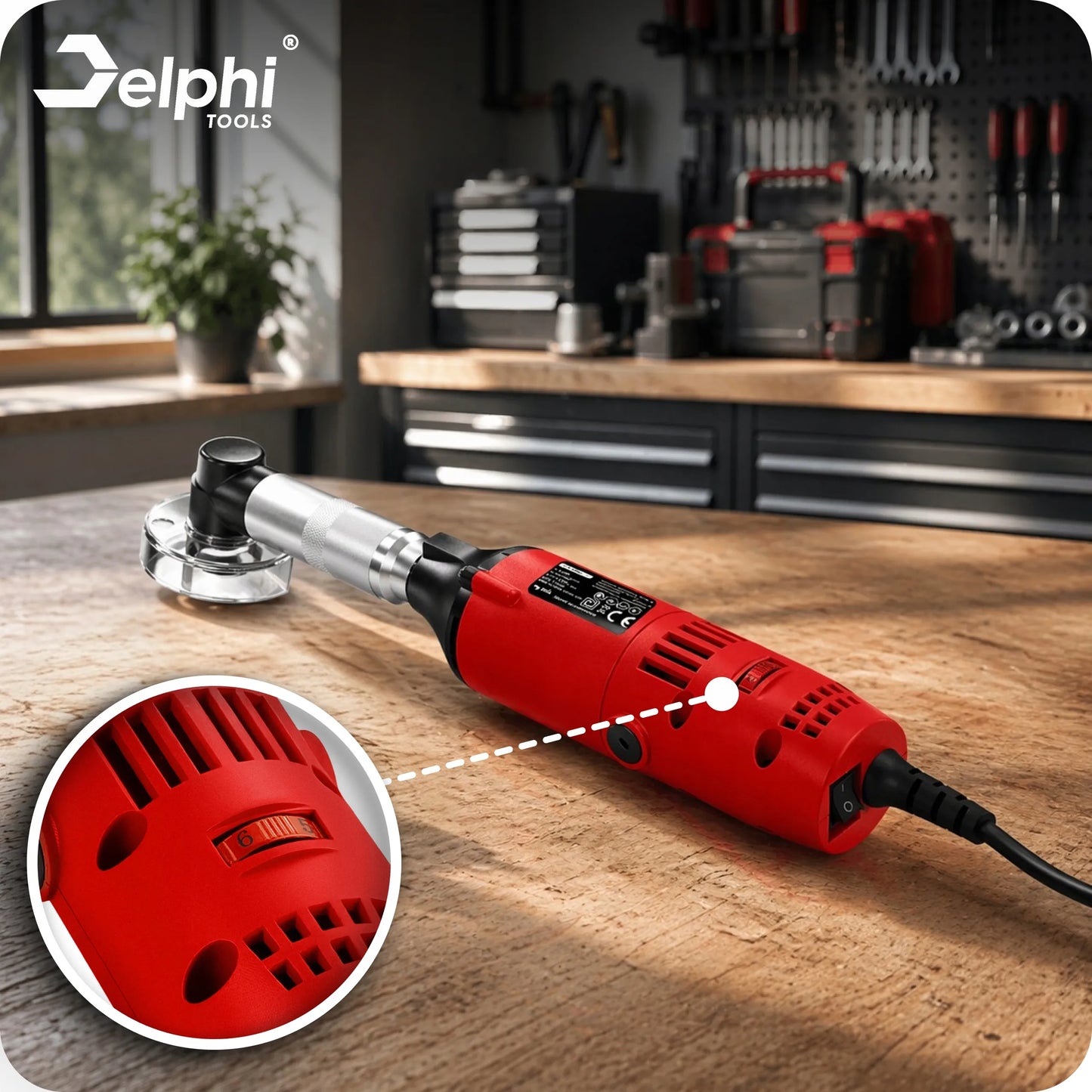 Tiksli mini kampinė šlifavimo mašina Delphi Tools, 500W, su reguliavimu ir priedais