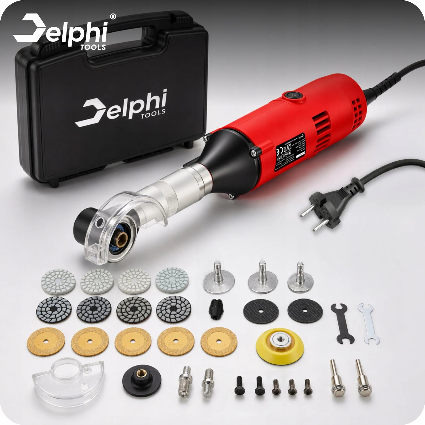 Tiksli mini kampinė šlifavimo mašina Delphi Tools, 500W, su reguliavimu ir priedais