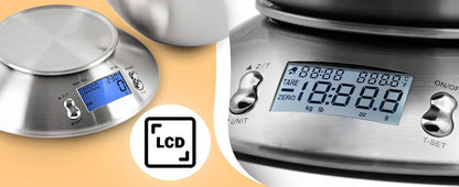 TIKSLIOS ELEKTRONINĖS VIRTUVINĖS SVARSTYKLĖS SU DUBENIU 1G-5KG INOX LAIKMATIS TERMOMETRAS