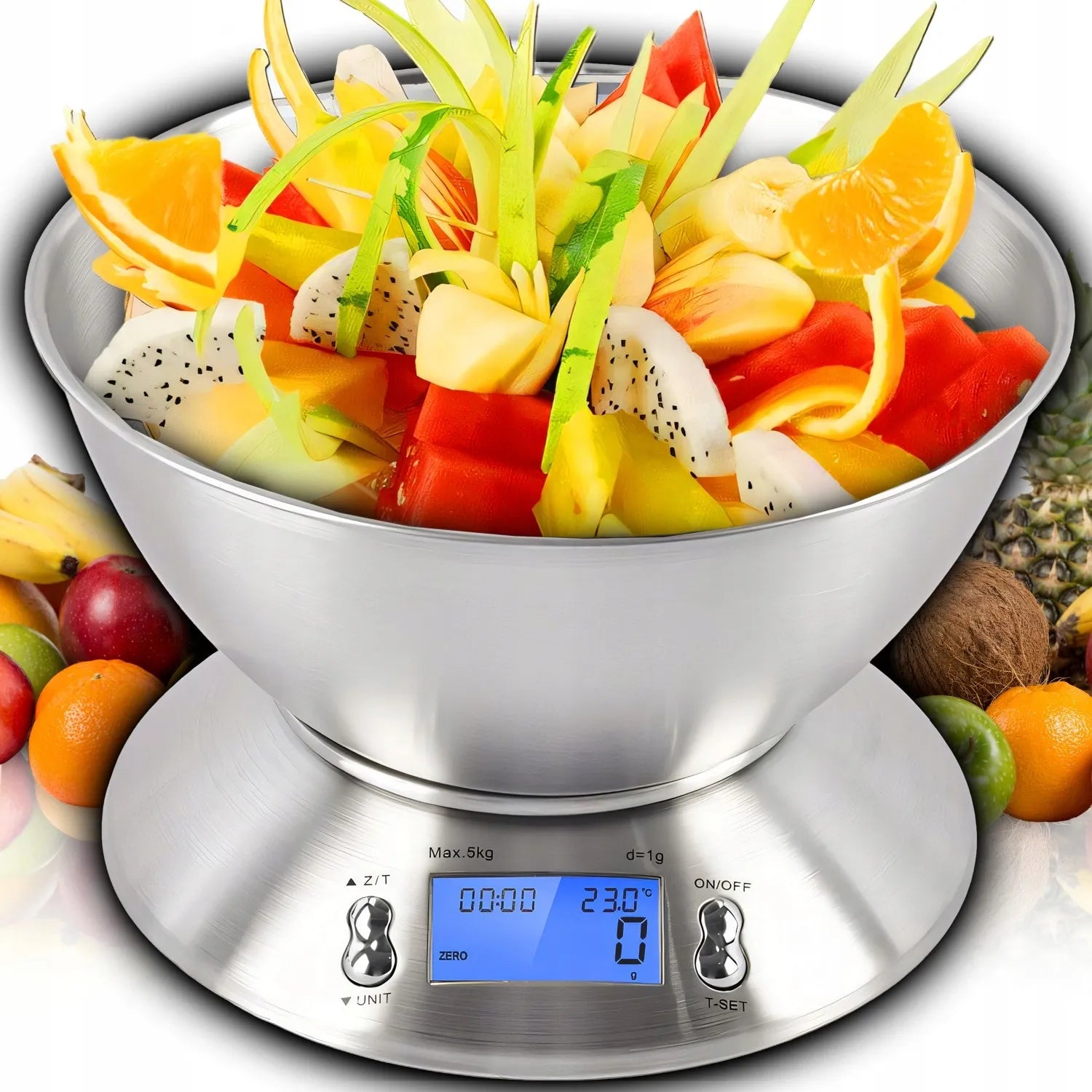 TIKSLIOS ELEKTRONINĖS VIRTUVINĖS SVARSTYKLĖS SU DUBENIU 1G-5KG INOX LAIKMATIS TERMOMETRAS